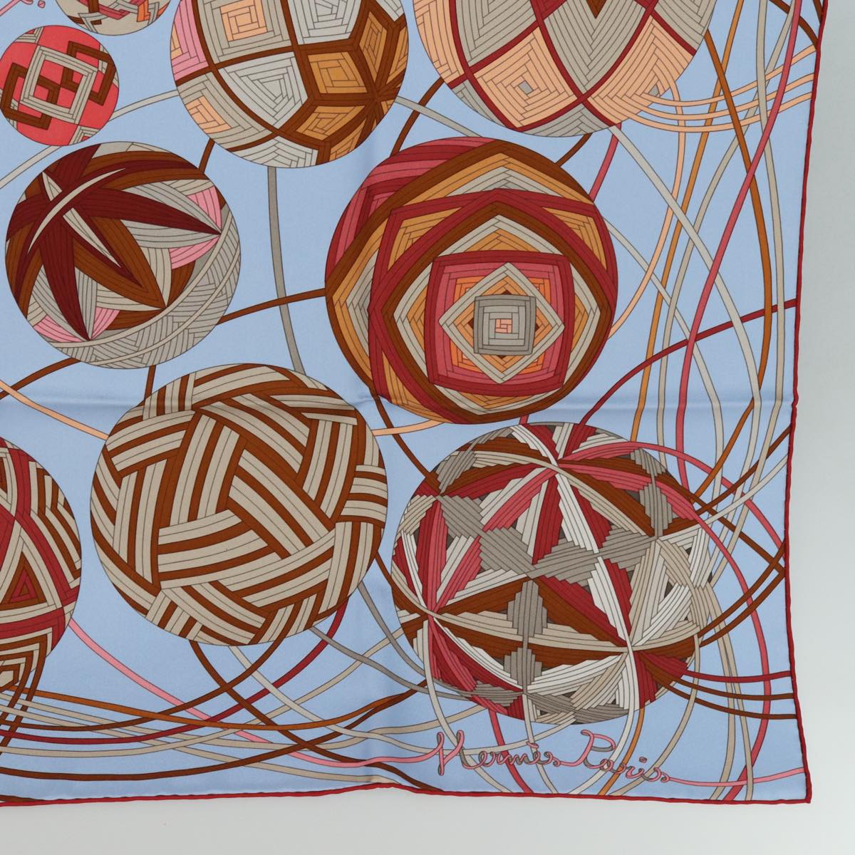 HERMES Carre 90 Scarf L'art du temari Silk Red Light Blue Auth 80911