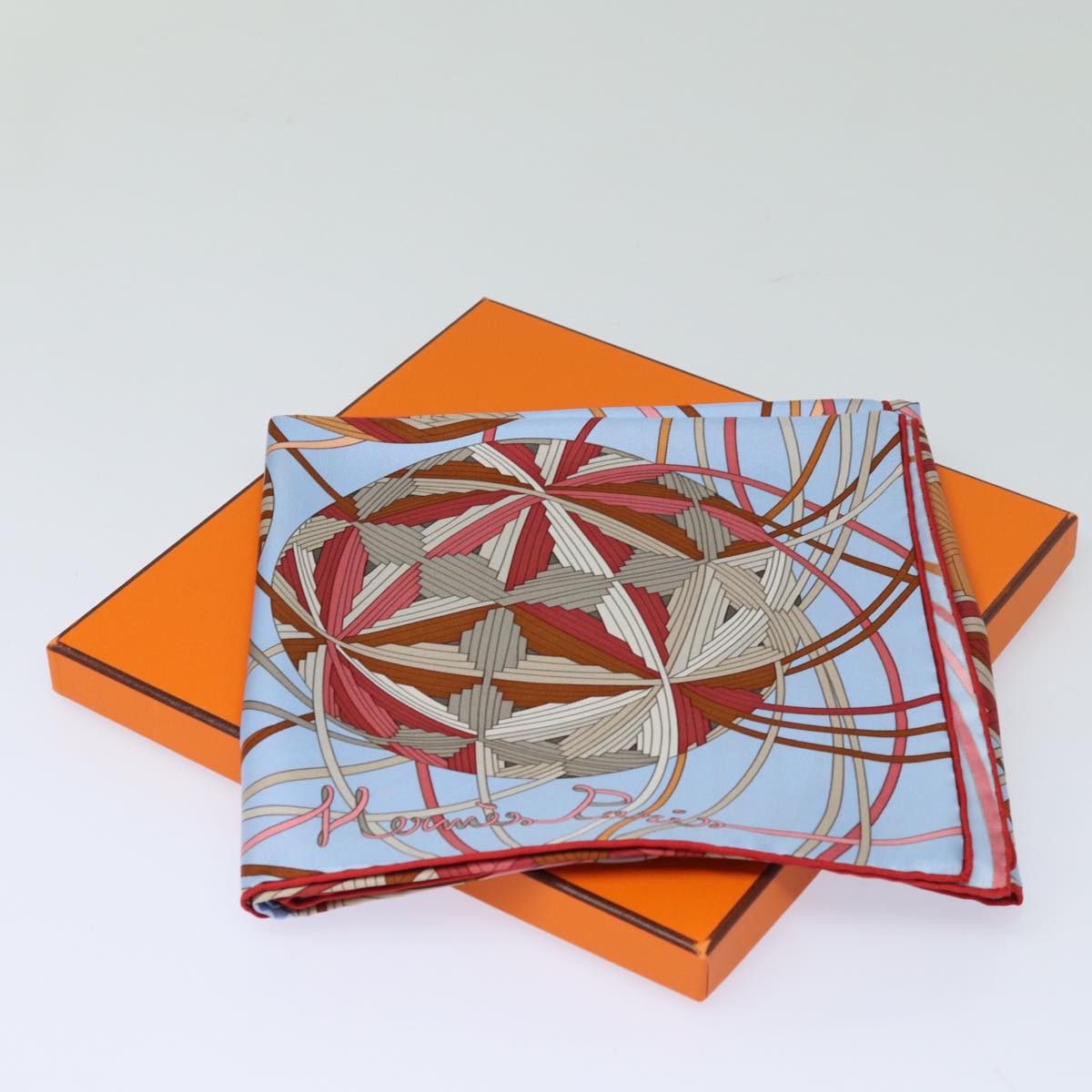 HERMES Carre 90 Scarf L'art du temari Silk Red Light Blue Auth 80911