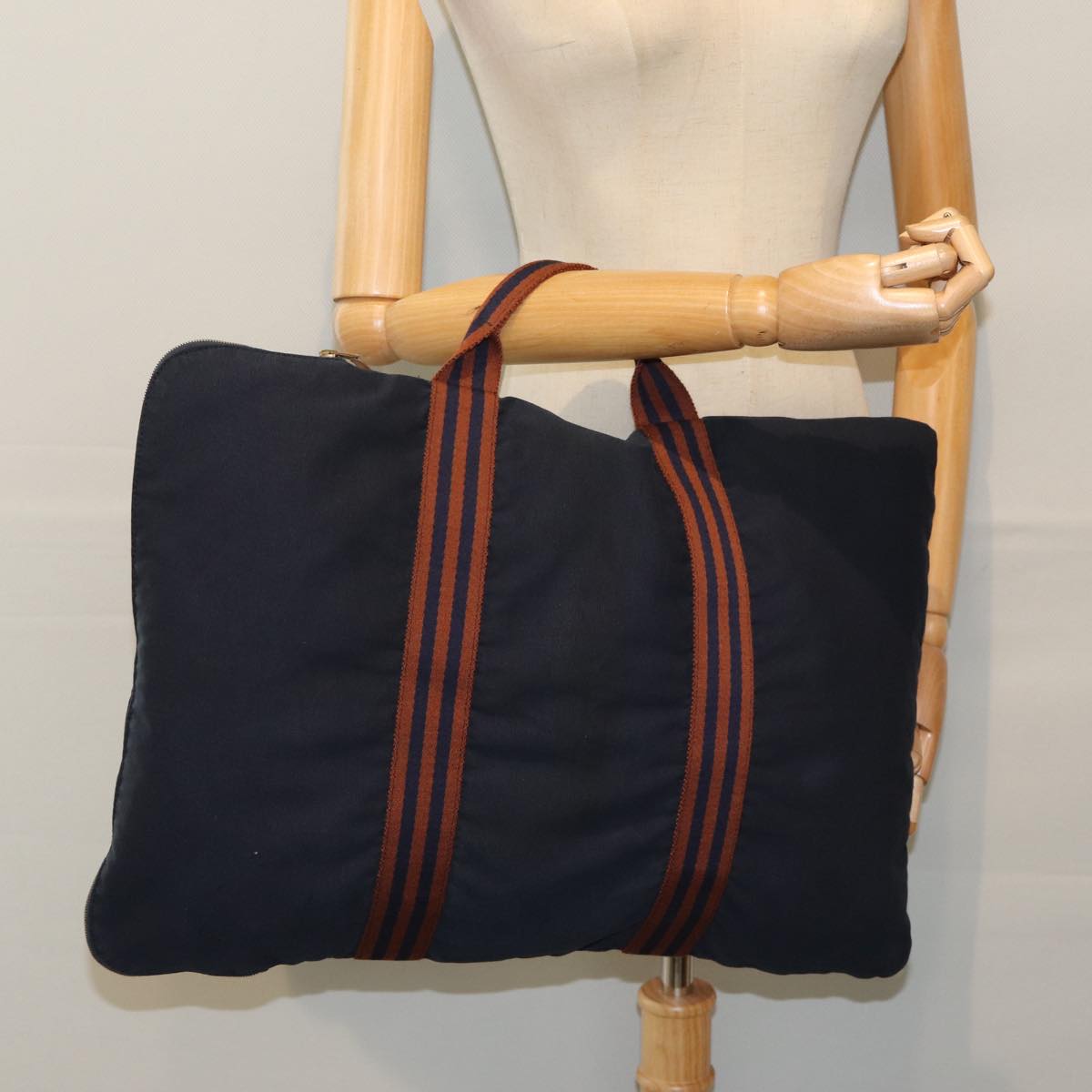 HERMES Fourre Tout Hand Bag Canvas Navy Brown Auth 80918