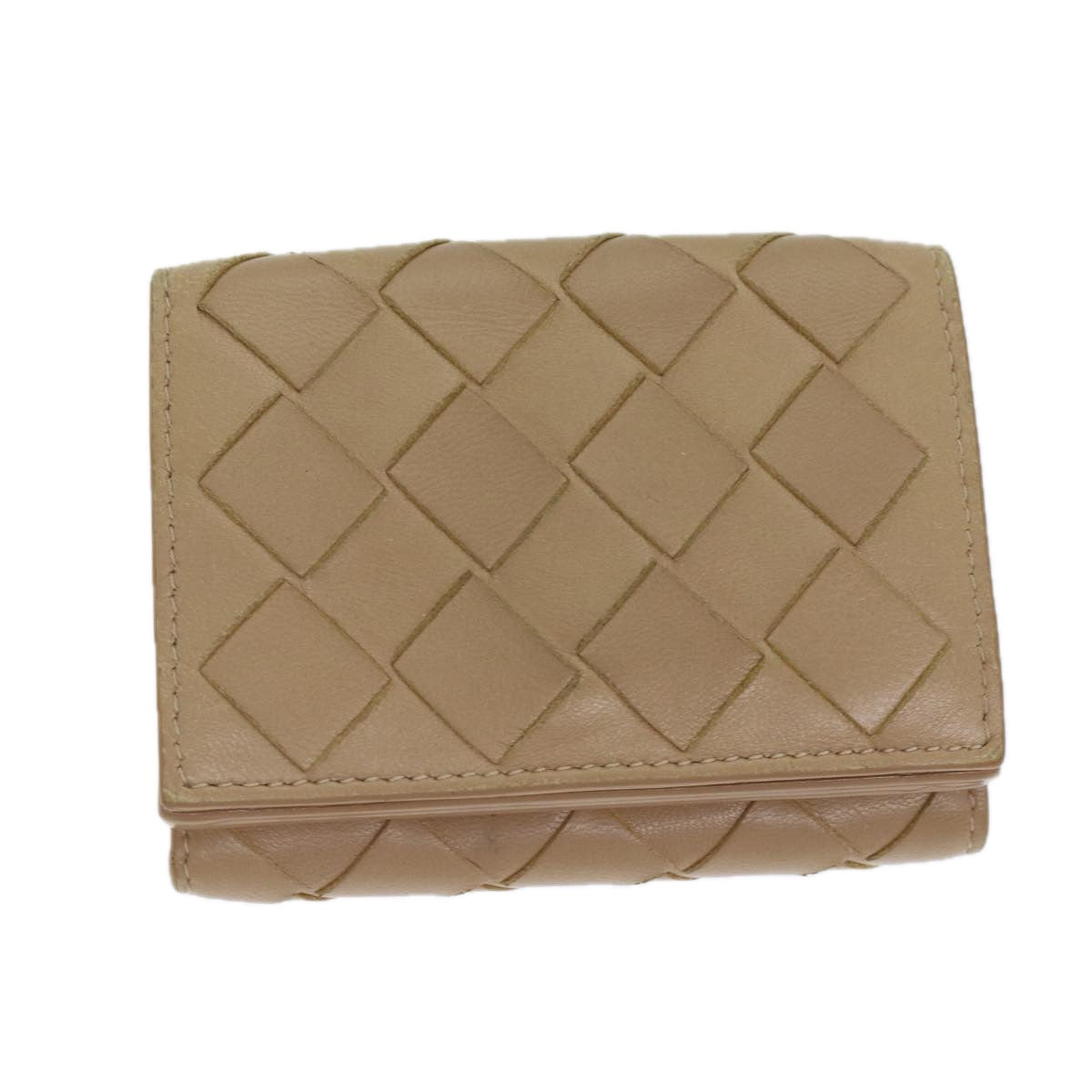 BOTTEGA VENETA INTRECCIATO Compact Wallet Leather Beige Auth 80983