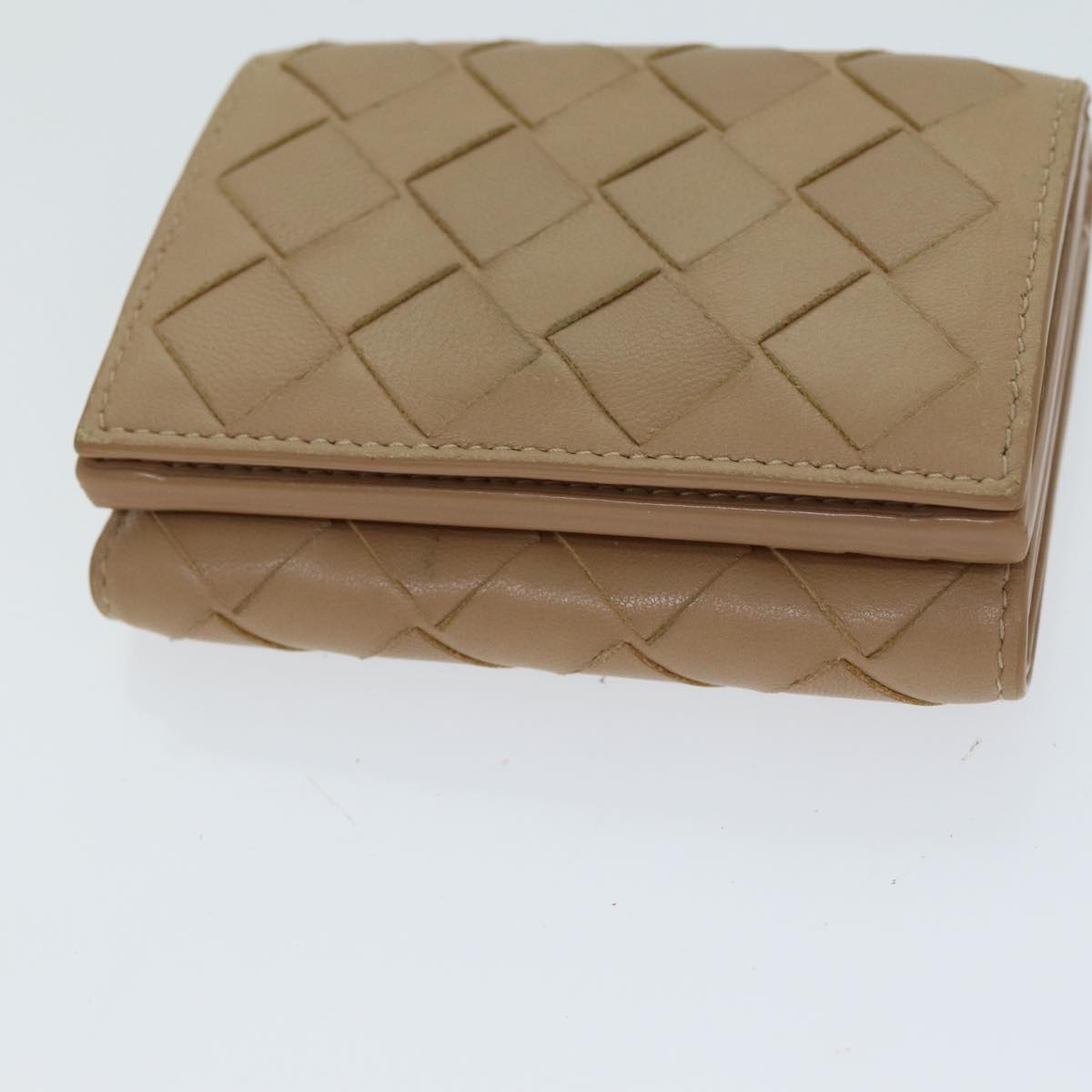 BOTTEGA VENETA INTRECCIATO Compact Wallet Leather Beige Auth 80983