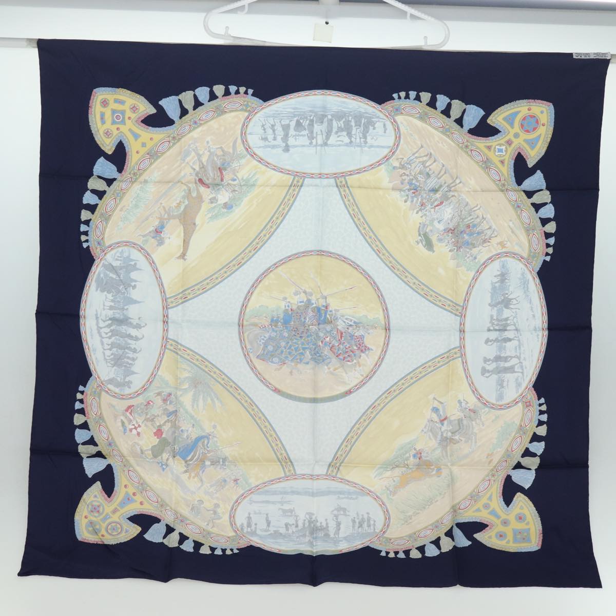 HERMES Carre 90 Scarf CAVALIERS PEULS Silk Navy Auth 80989