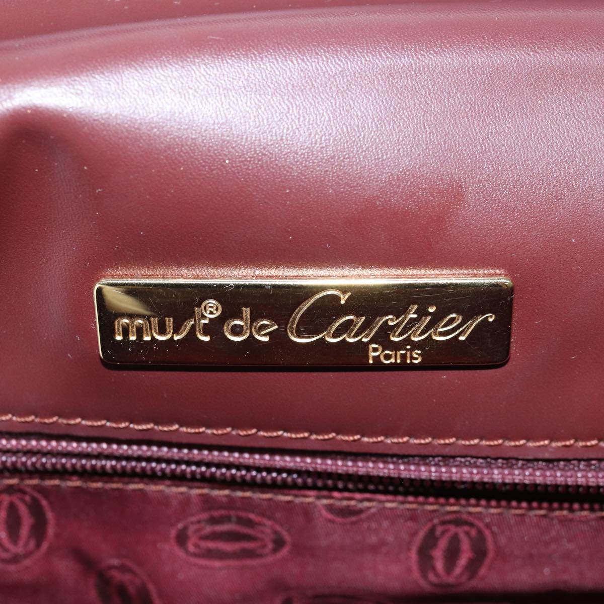 CARTIER Hand Bag Leather Wine Red Auth 81148