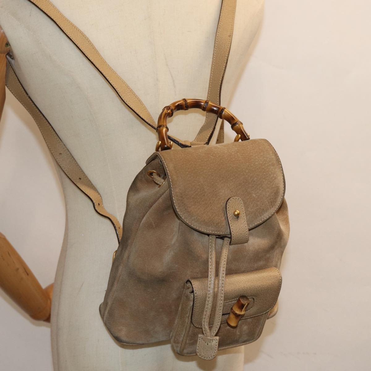 GUCCI Bamboo Backpack Suede Leather Beige 003 1705 0030 Auth 81152