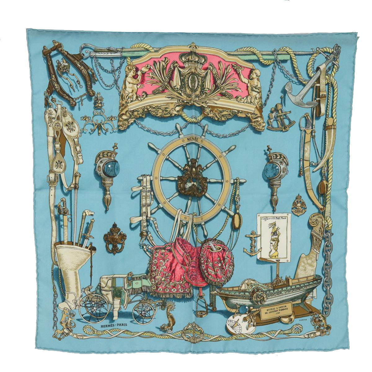 HERMES Carre 45 Scarf MUSEE Silk Blue Auth 81359