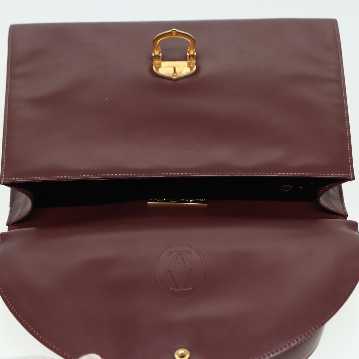 CARTIER Hand Bag Leather Wine Red Auth 81783