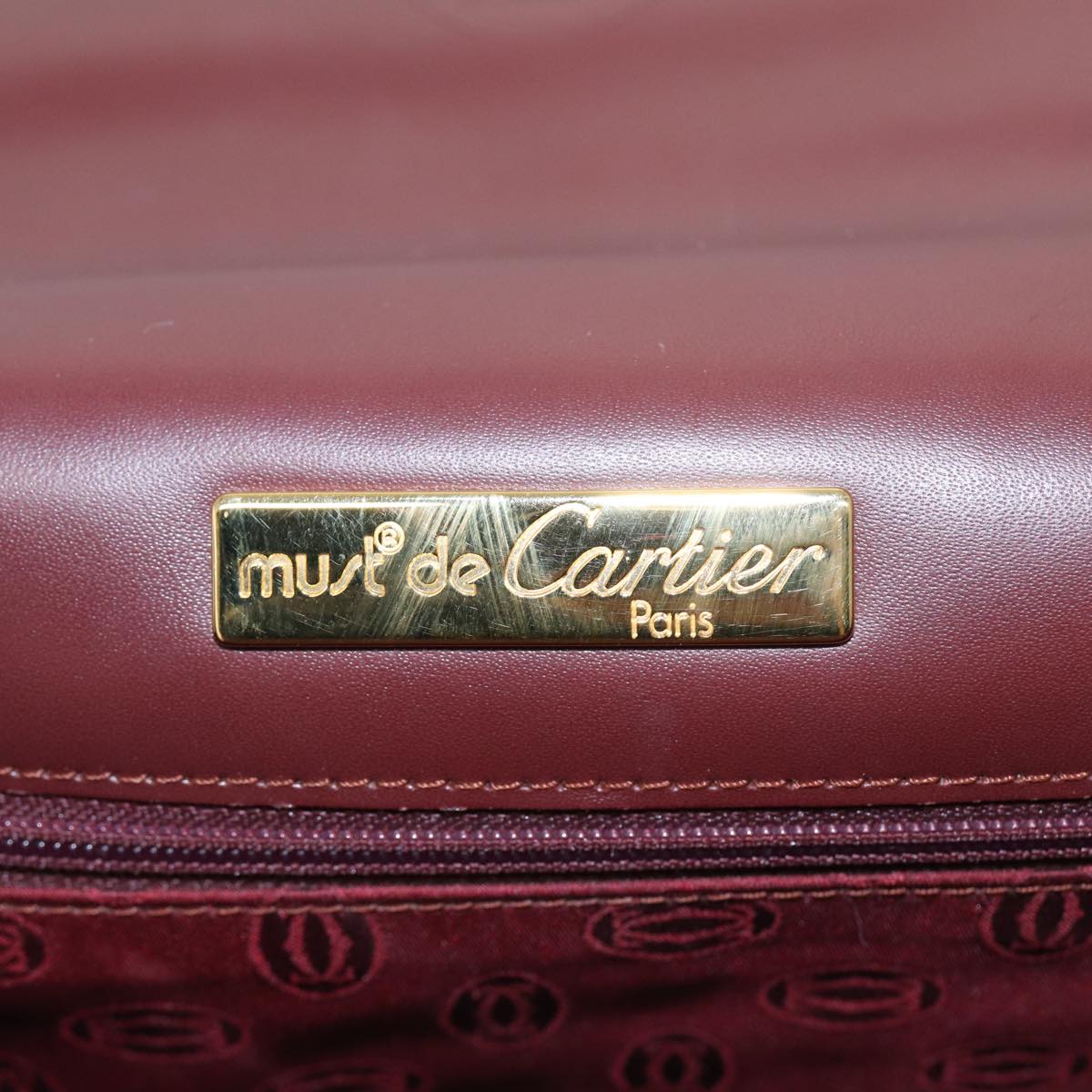 CARTIER Hand Bag Leather Wine Red Auth 81783