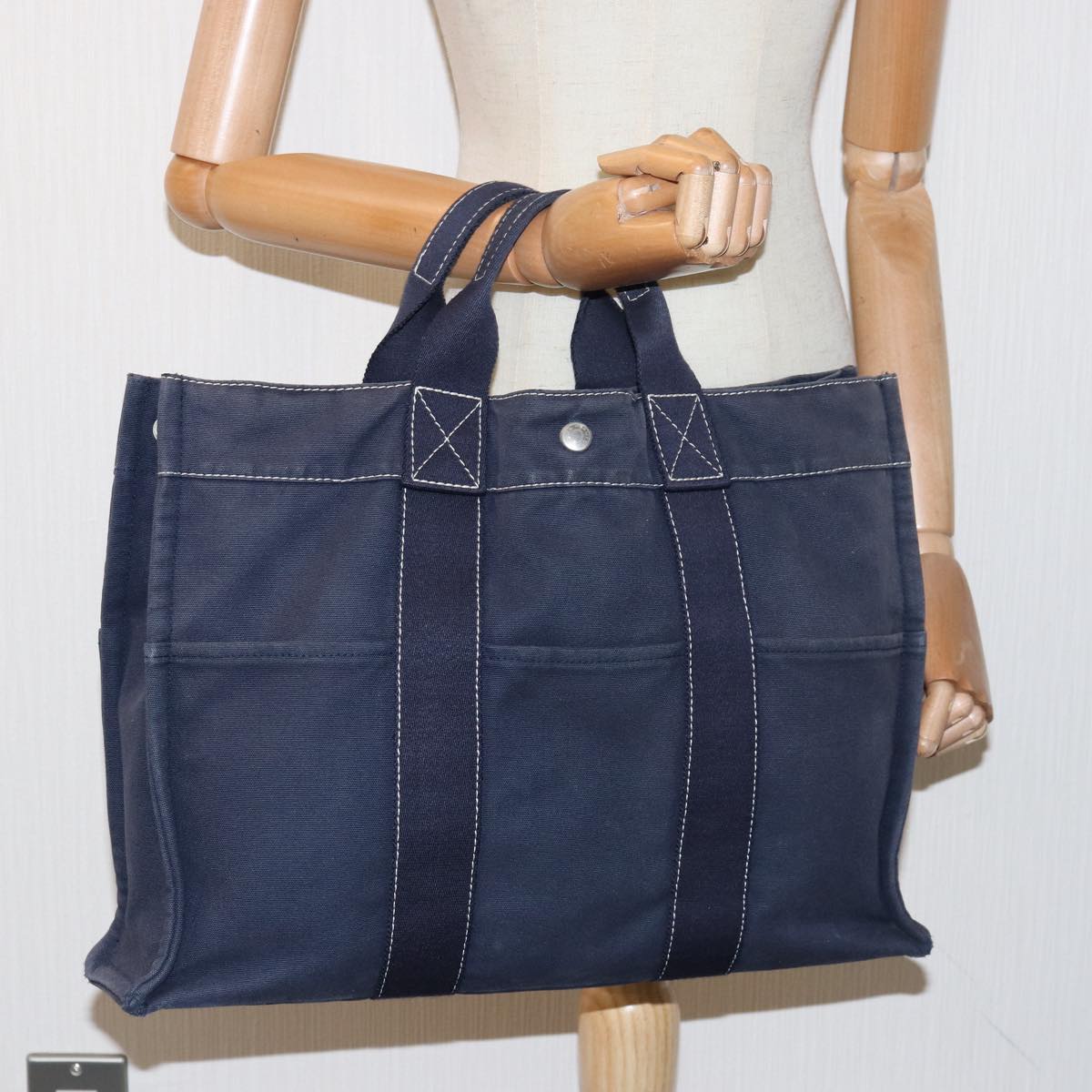 HERMES Deauville MM Tote Bag Canvas Navy Auth 81981