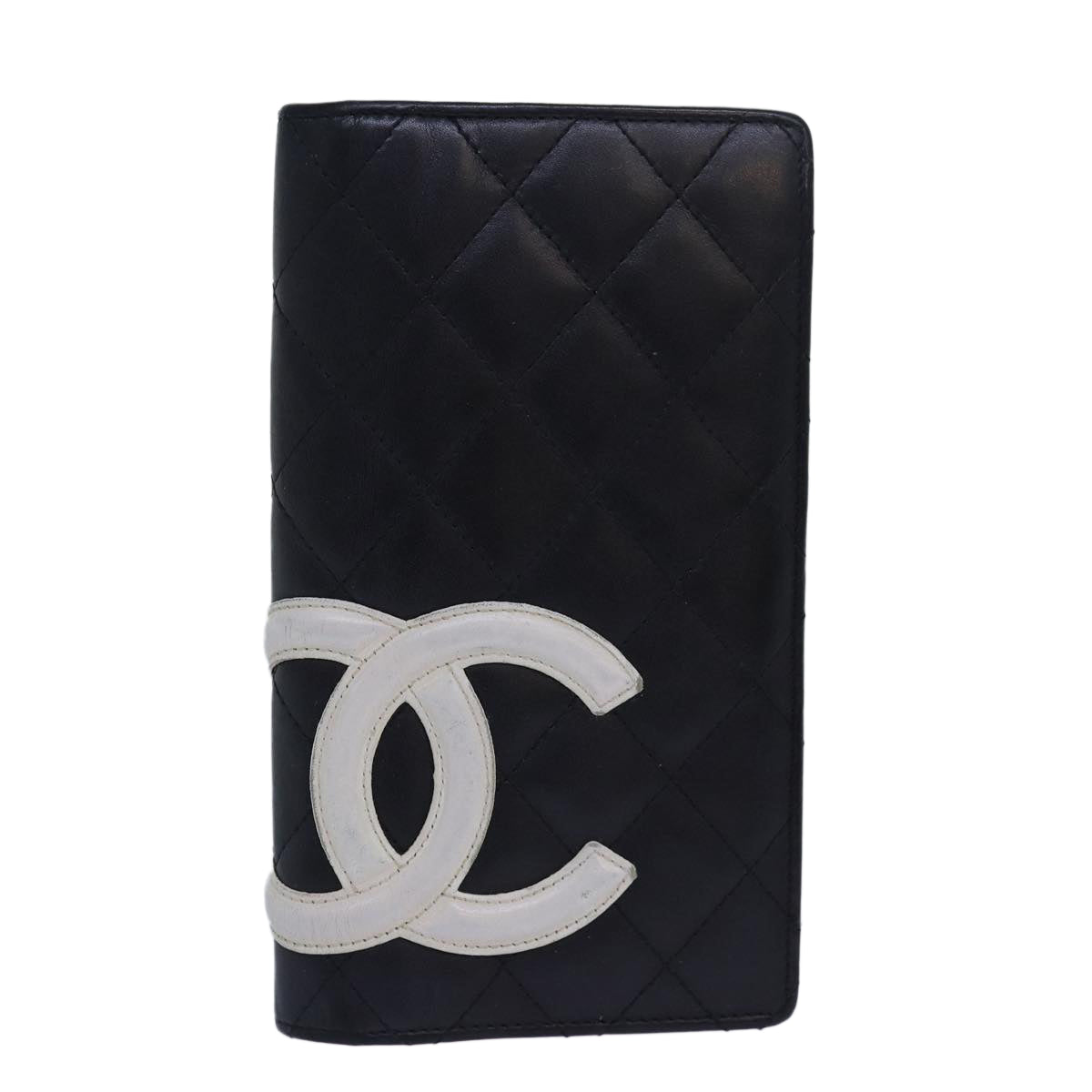 CHANEL Cambon Line Long Wallet Leather Black CC Auth 82184