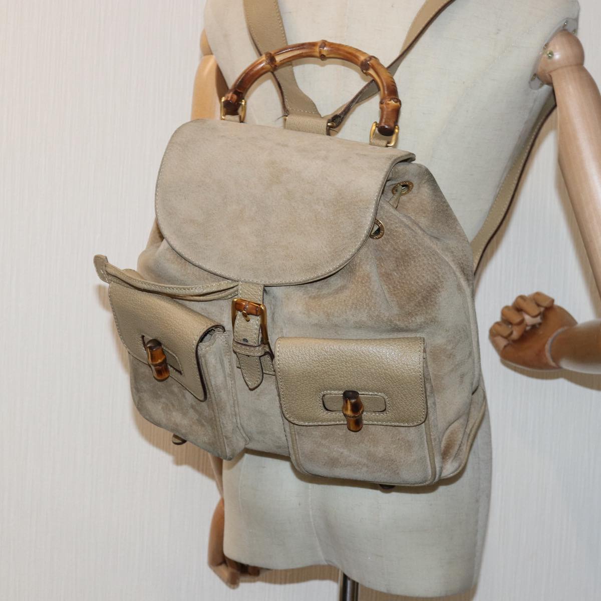 GUCCI Bamboo Backpack Suede Beige 003 2058 0016 Auth 82702