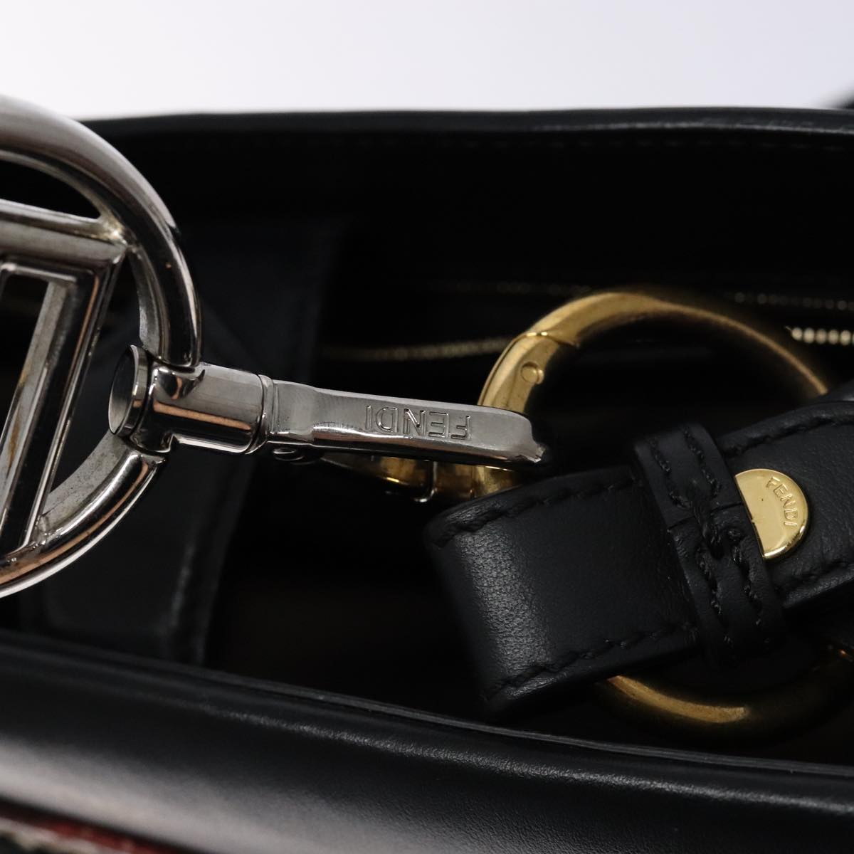 FENDI Hand Bag Leather 2way Black Gold Auth 82745