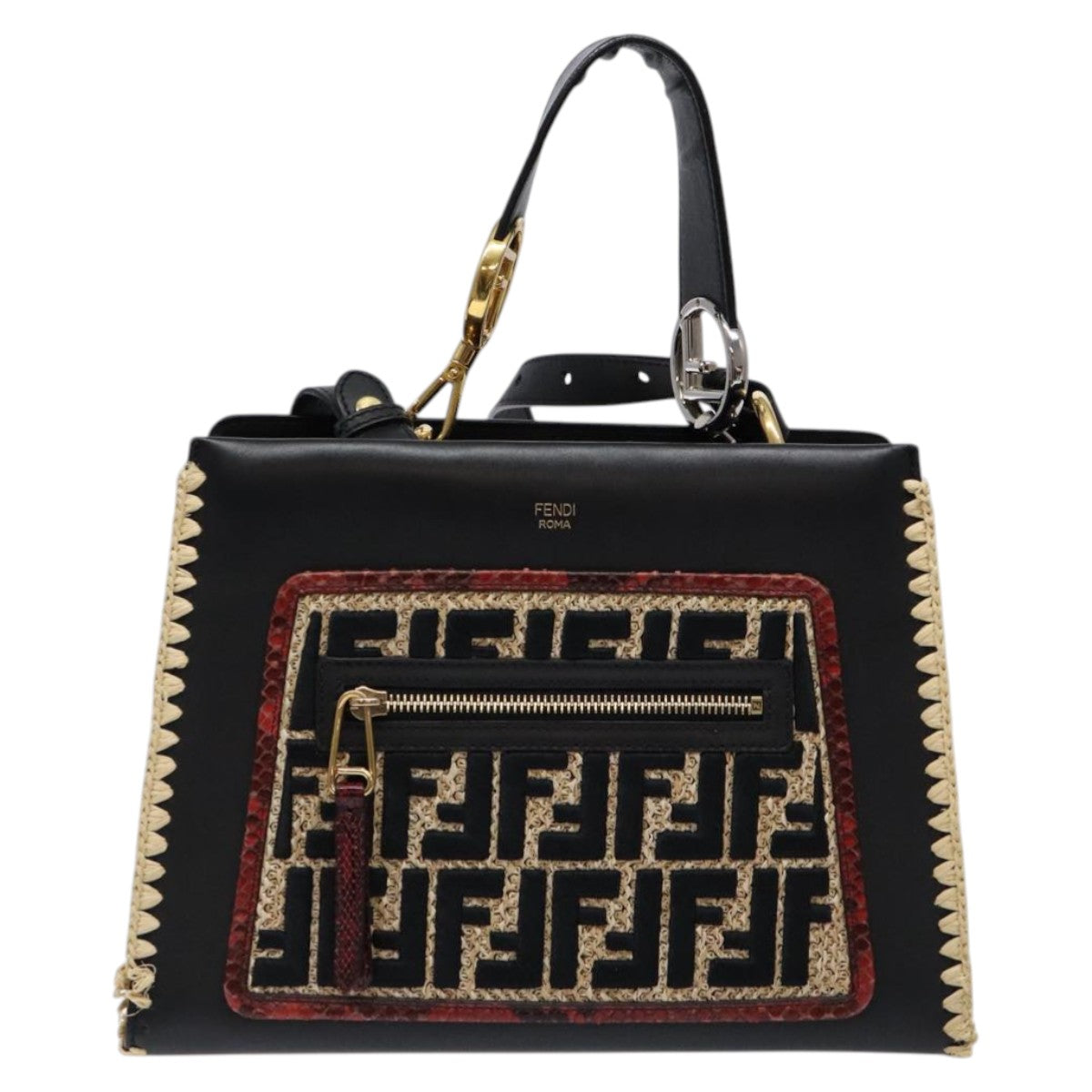FENDI Hand Bag Leather 2way Black Gold Auth 82745