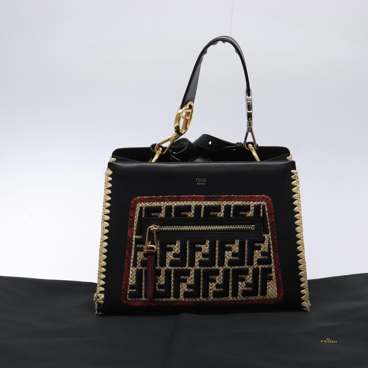 FENDI Hand Bag Leather 2way Black Gold Auth 82745