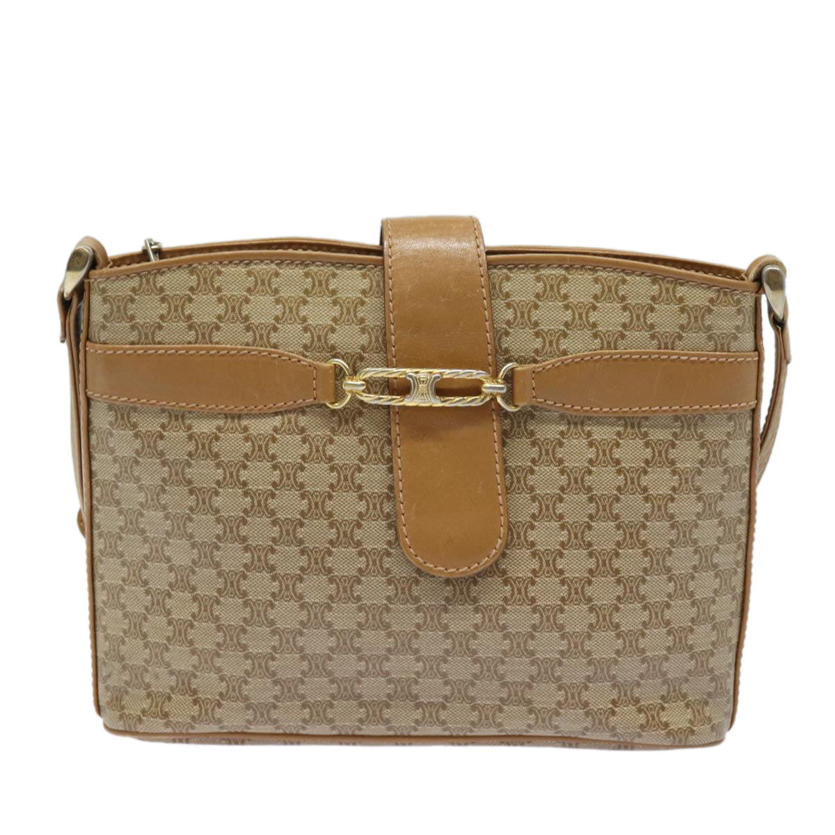 CELINE Macadam Canvas Shoulder Bag Beige Auth 83128