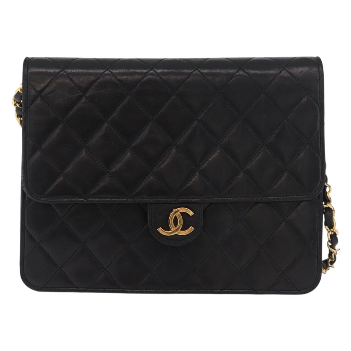 CHANEL Matelasse Chain Shoulder Bag Lamb Skin Black CC Auth 83342