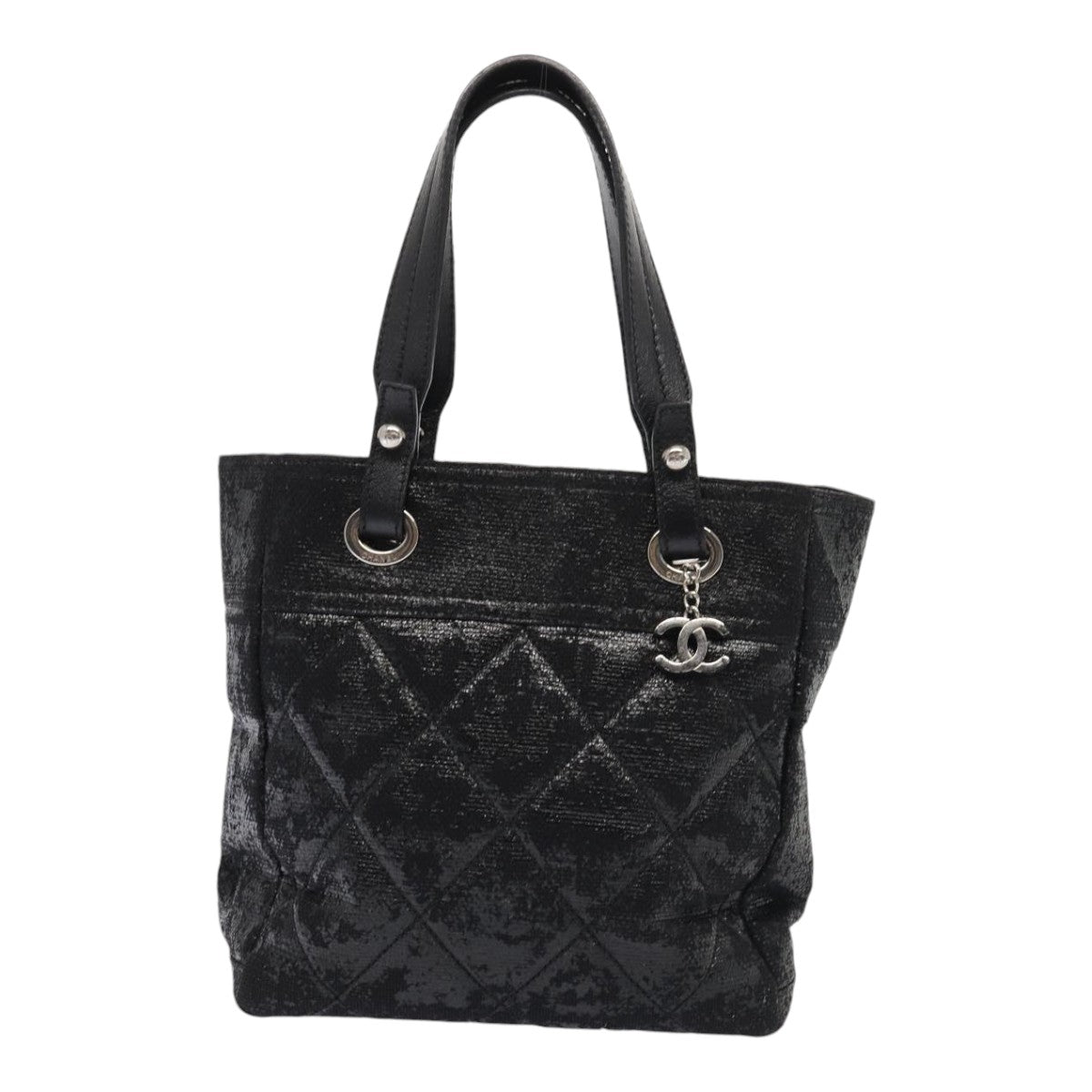 CHANEL Paris Biarritz Tote PM Hand Bag Coated Canvas Black CC Auth 83451