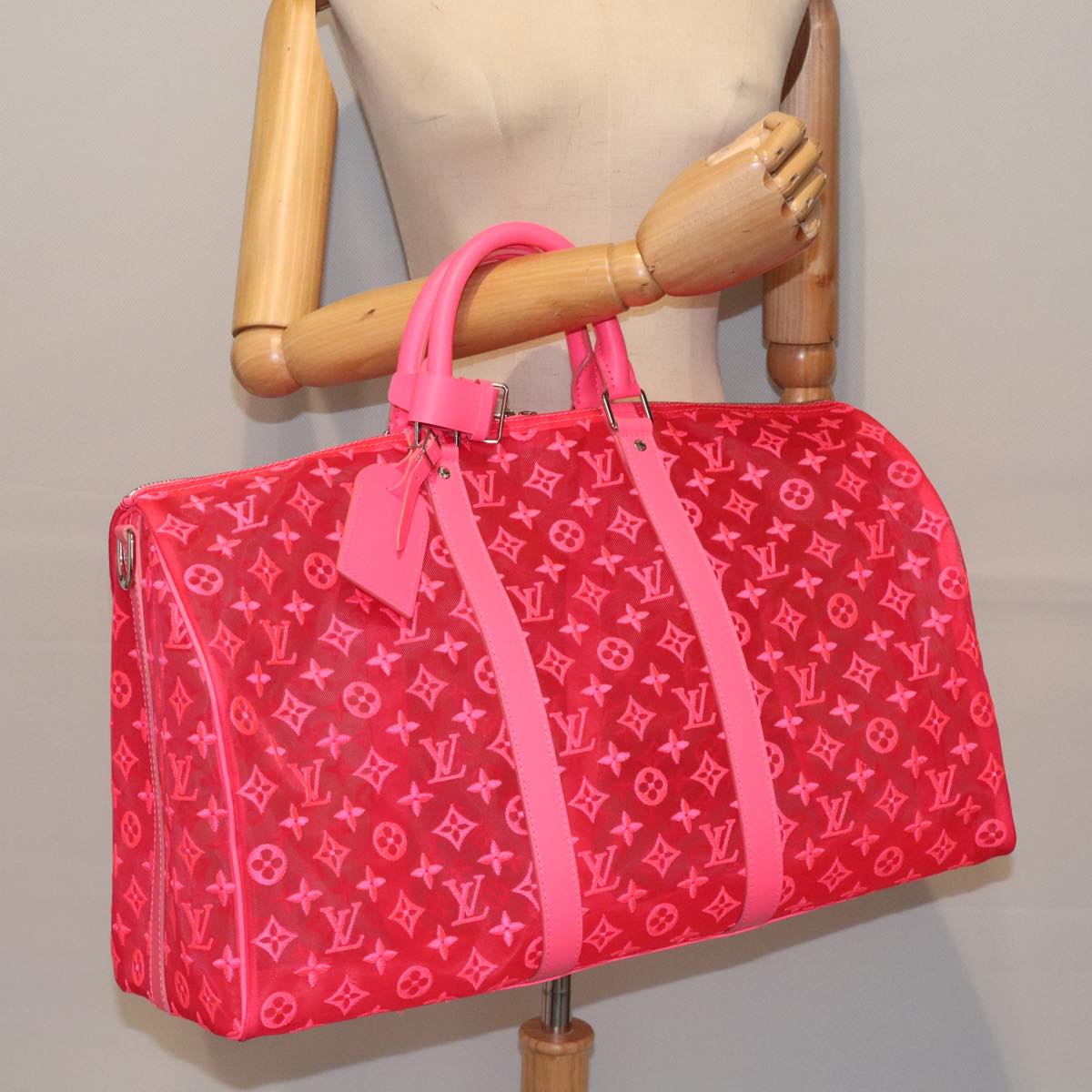 LOUIS VUITTON Monogram Mesh Keepall Bandouliere 50 Bag Pink M45048 Auth 83745SM