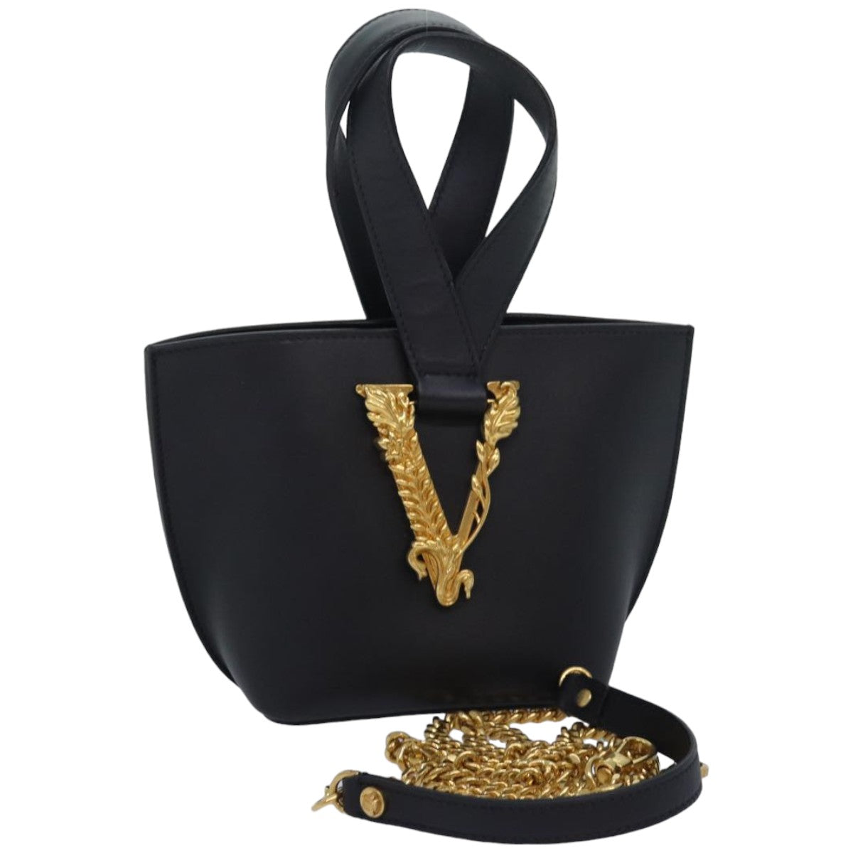 VERSACE Hand Bag Leather 2way Black Auth 83933