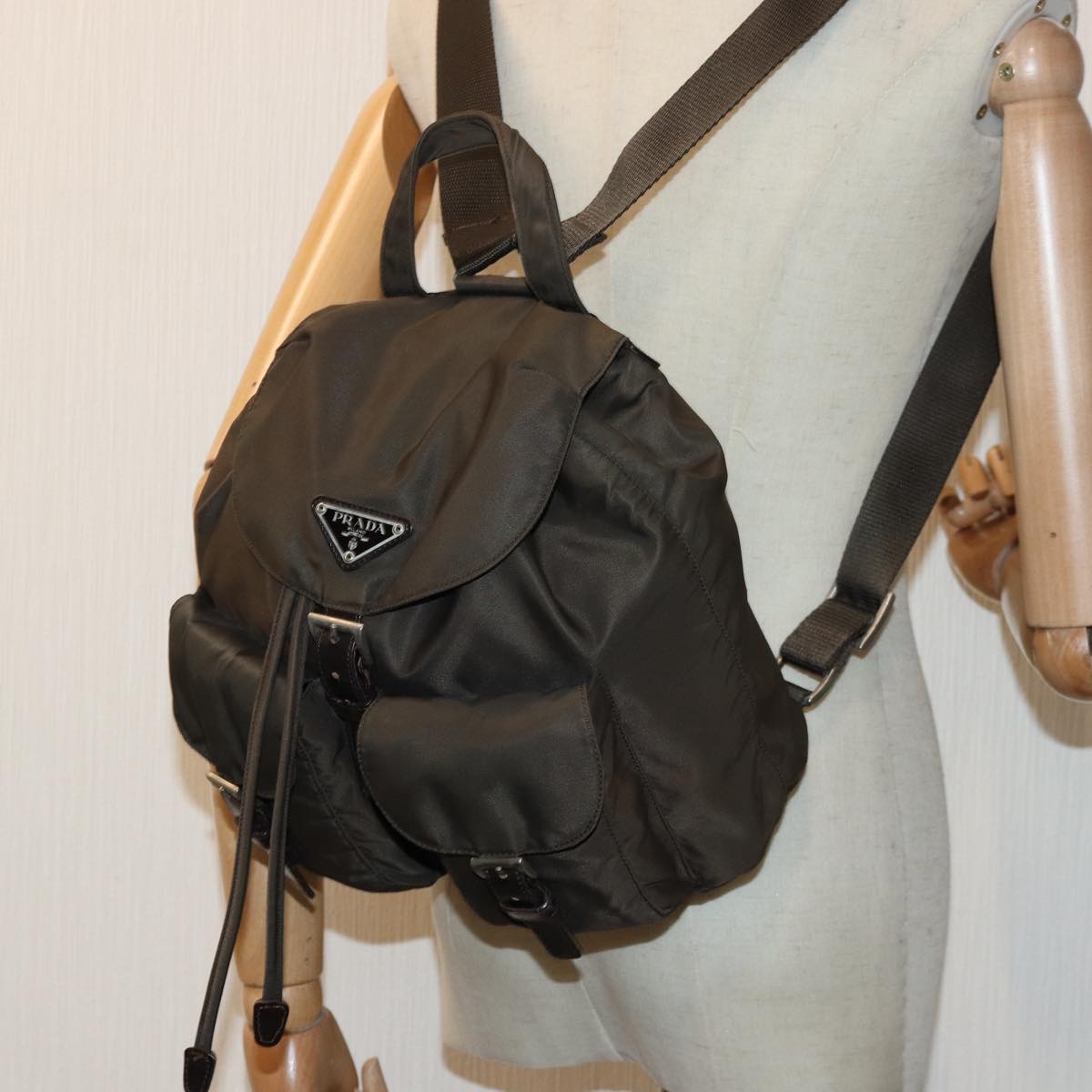 PRADA Backpack Nylon Brown Silver Auth 84546