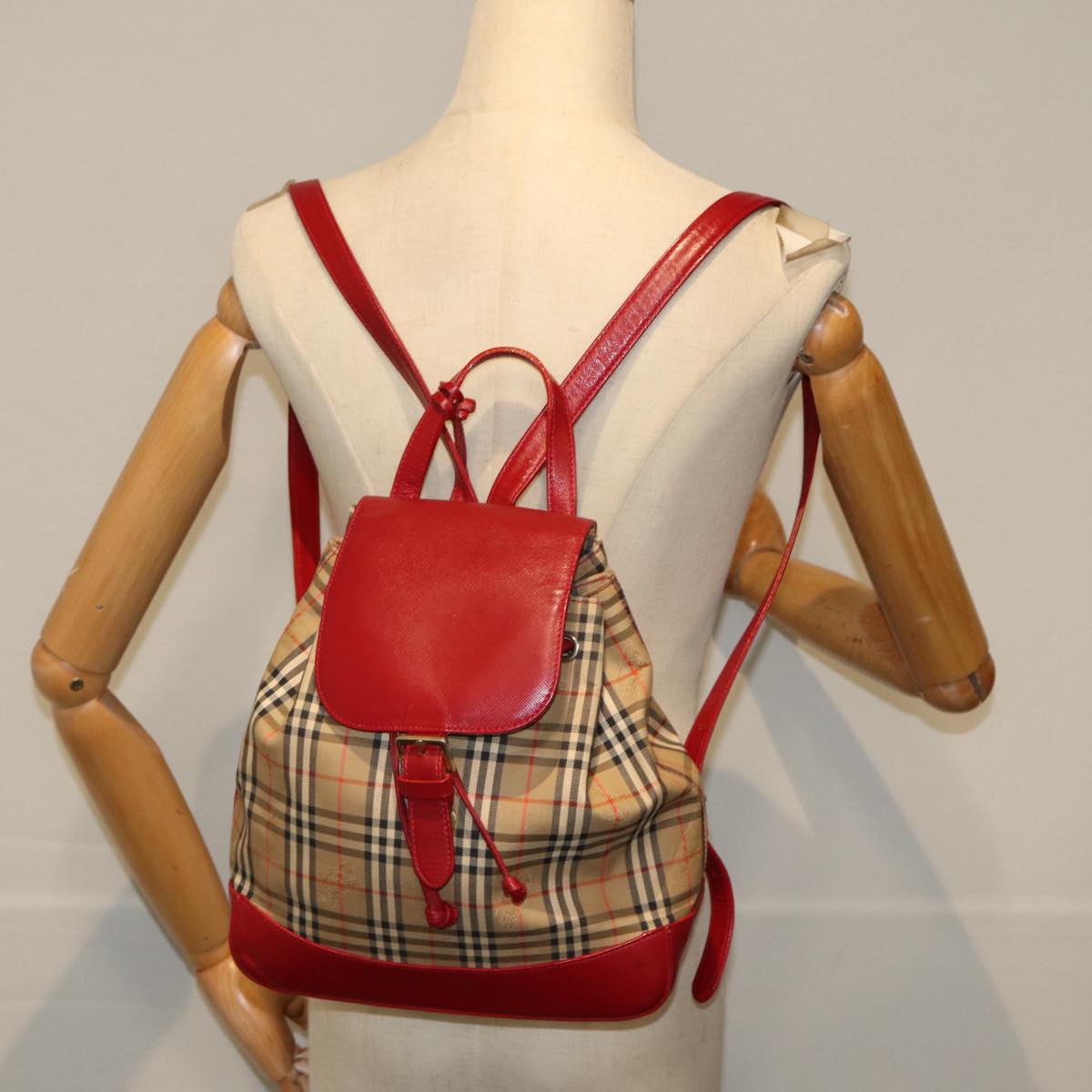 BURBERRY Nova Check Backpack Canvas Leather Beige Red gold Auth 84556