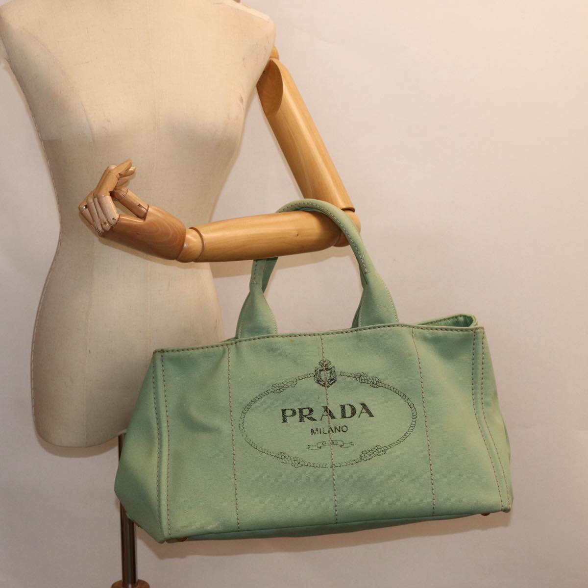 PRADA Canapa GM Hand Bag Canvas Gold Green Auth 84590