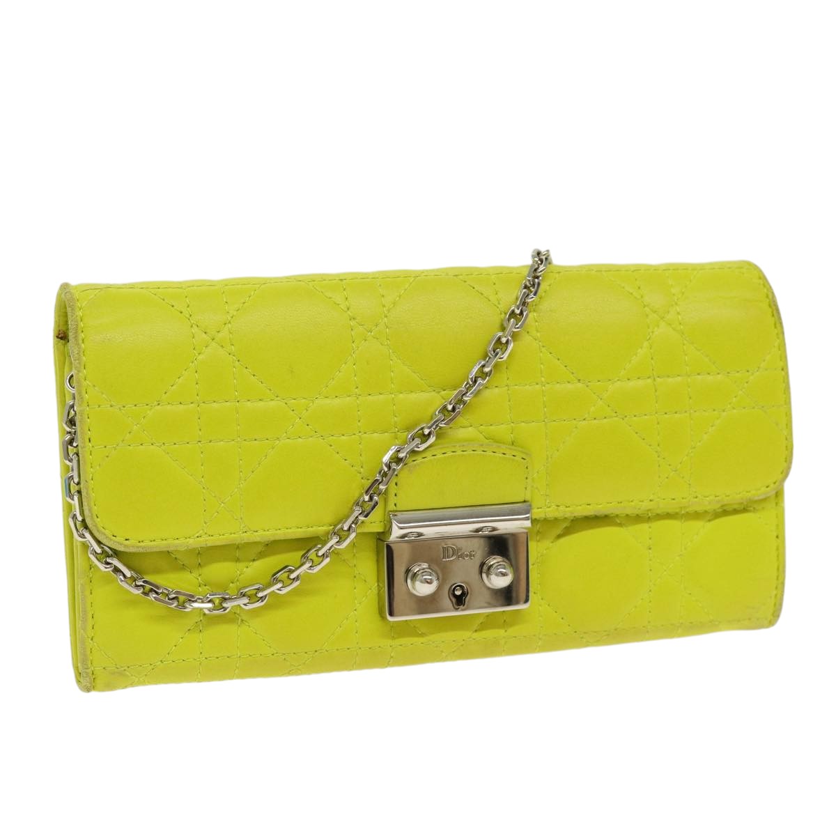 Christian Dior Chain Canage Wallet Leather Yellow Silver Auth 84830