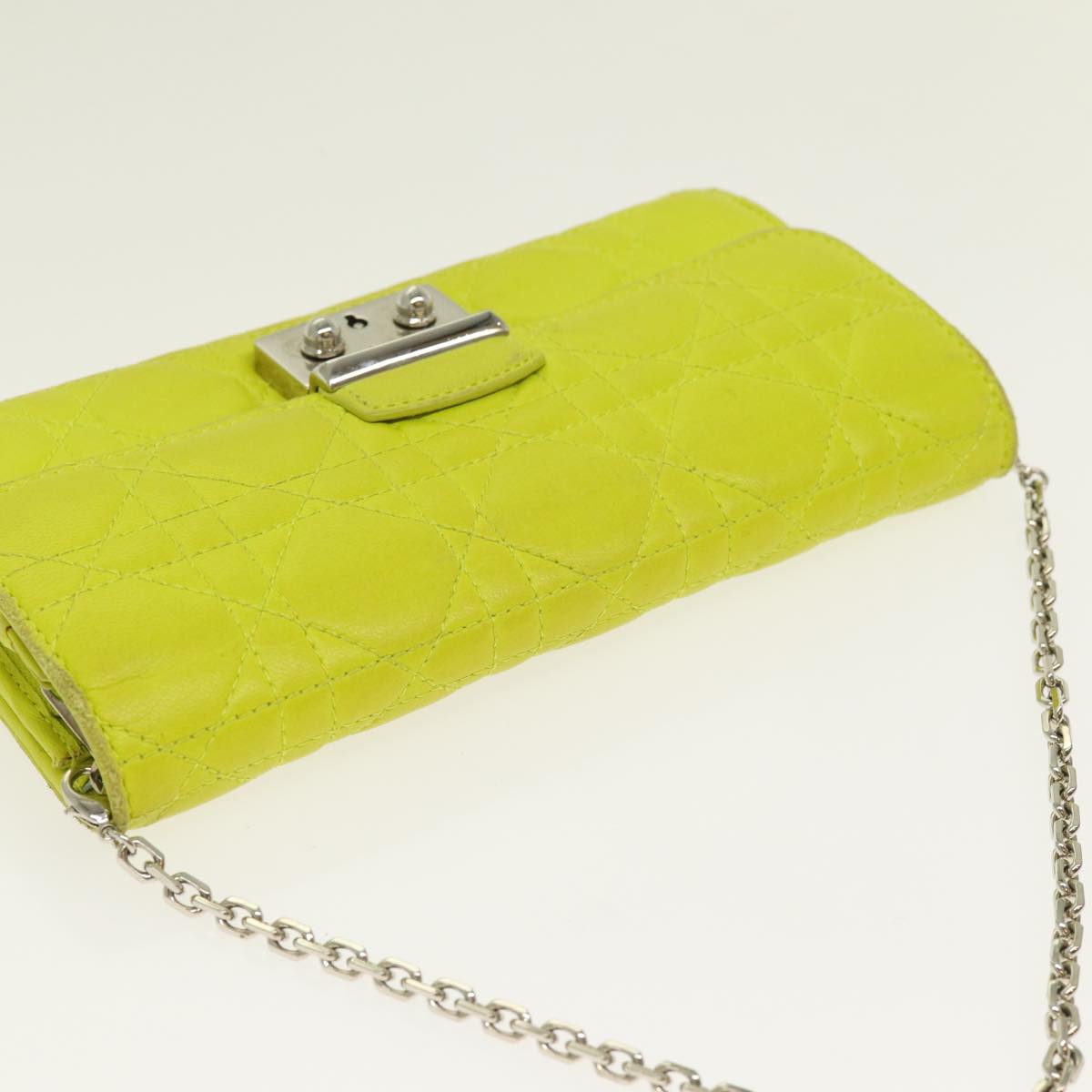 Christian Dior Chain Canage Wallet Leather Yellow Silver Auth 84830