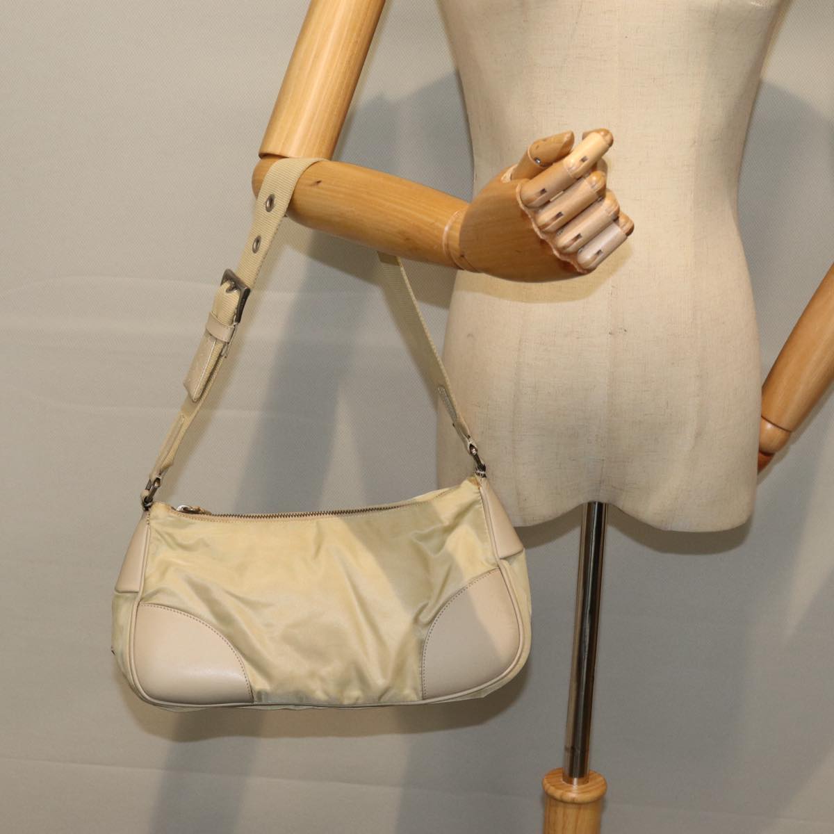 PRADA Shoulder Bag Nylon White Silver Auth 85399