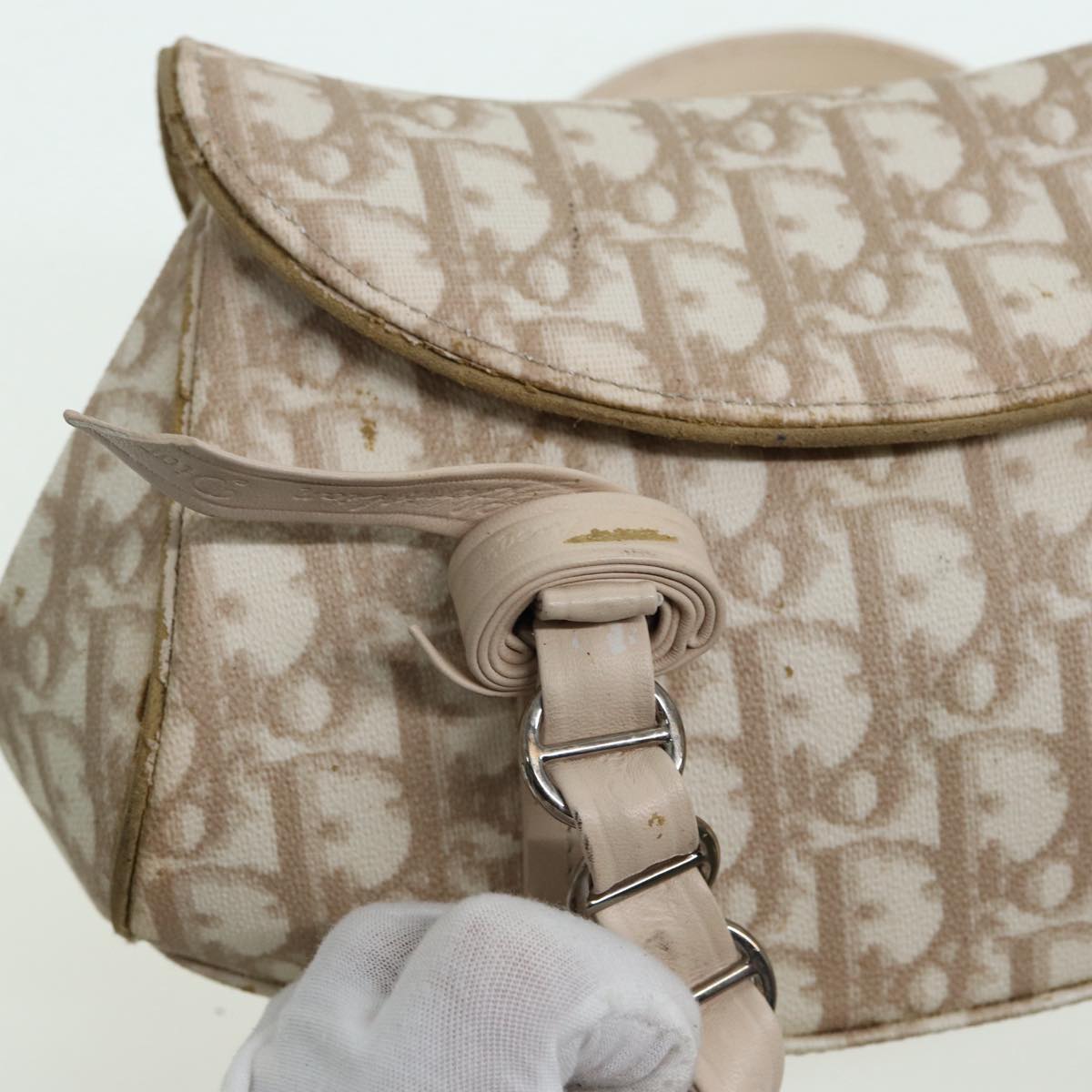 Christian Dior Trotter Canvas Hand Bag PVC Leather Beige Silver Auth 85436