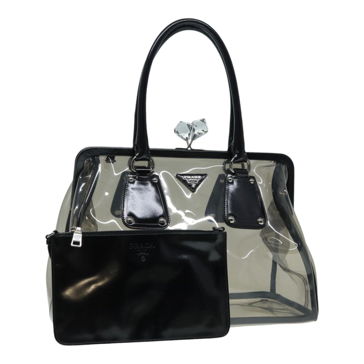 PRADA Hand Bag Vinyl Clear Silver Auth 85672A