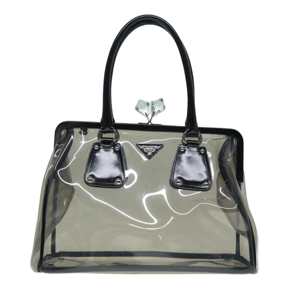 PRADA Hand Bag Vinyl Clear Silver Auth 85672A