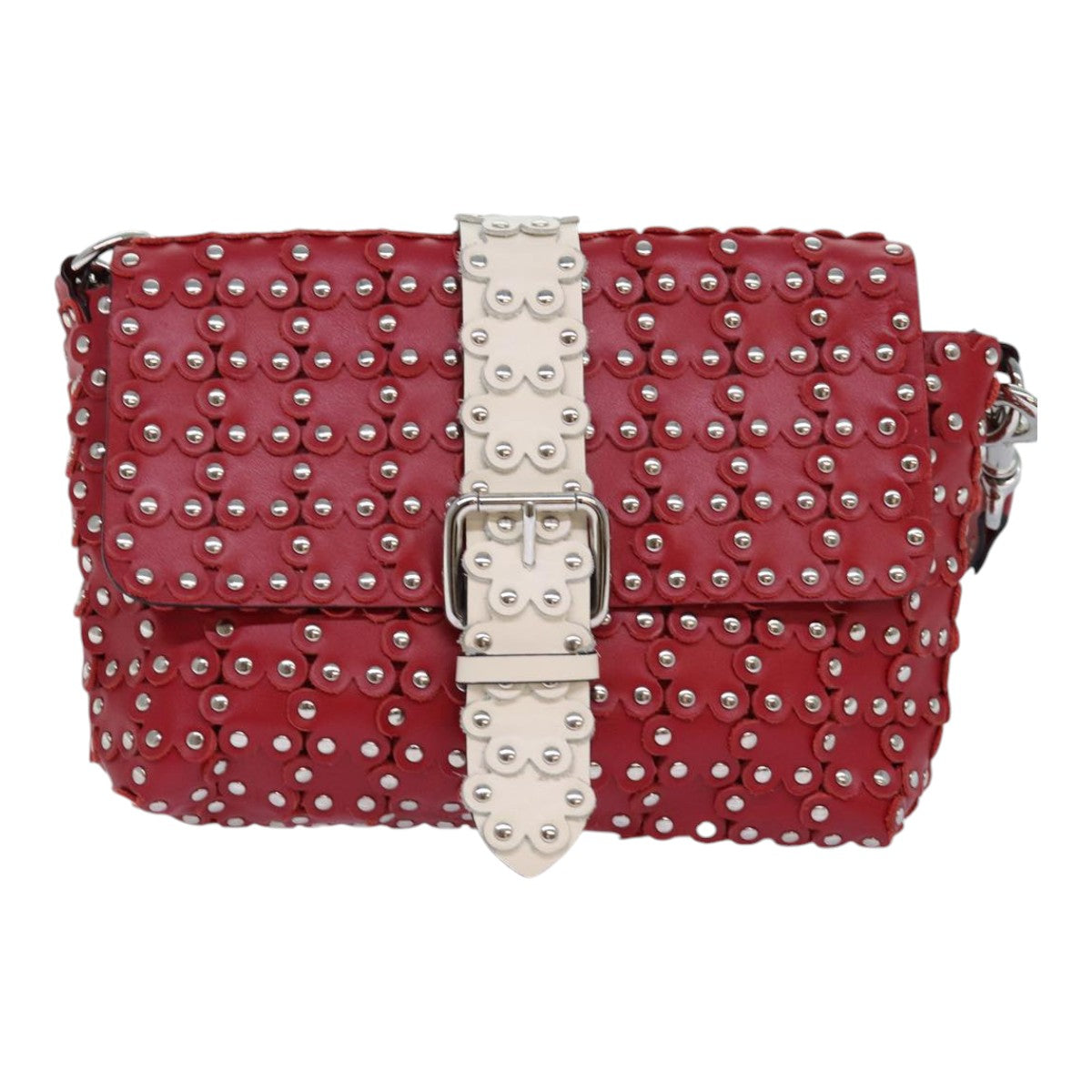 VALENTINO Shoulder Bag Leather Red Silver Auth 85697