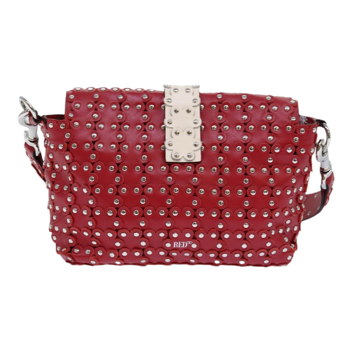 VALENTINO Shoulder Bag Leather Red Silver Auth 85697