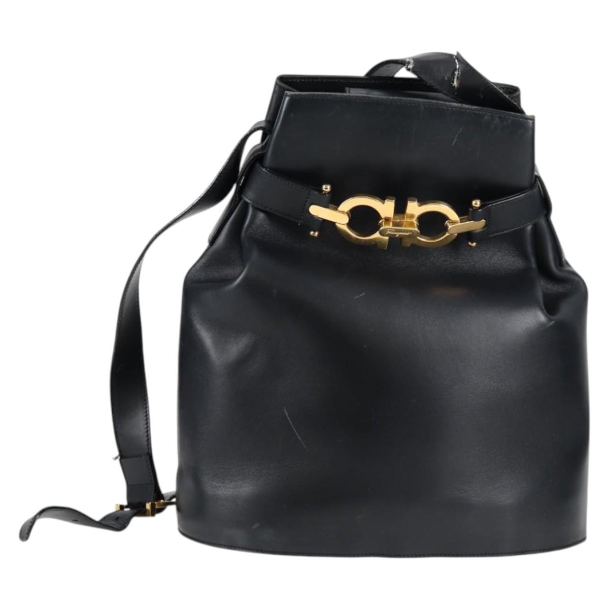 Salvatore Ferragamo Shoulder Bag Leather Gold Black Auth 85707