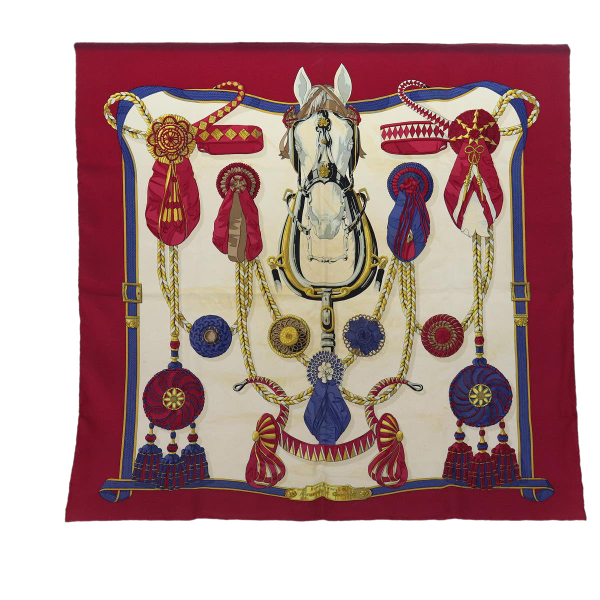 HERMES Carre 90 Scarf ”Frontaux et Cocardes” Silk Wine Red White Auth 85744