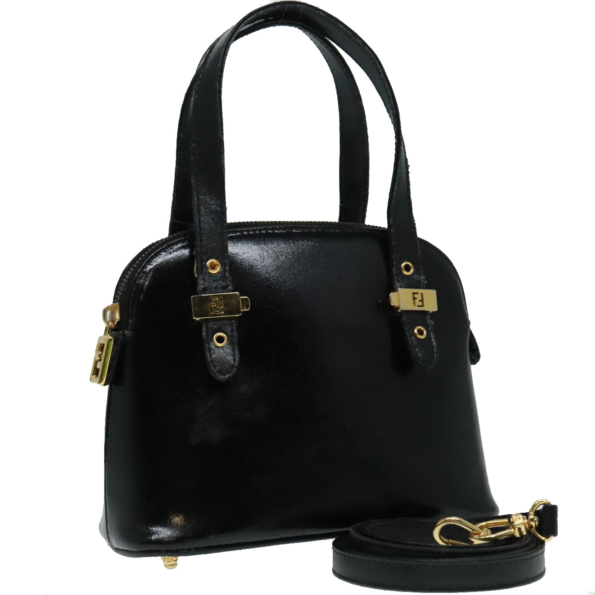 FENDI Hand Bag Leather 2way Black Gold Auth 85768