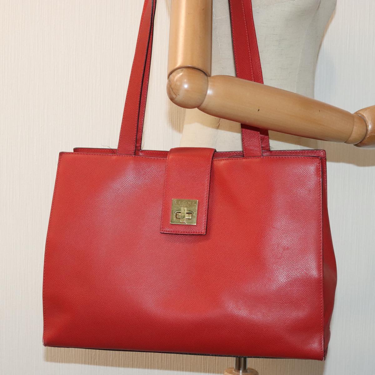 CELINE Tote Bag Leather Gold Red Auth 85782