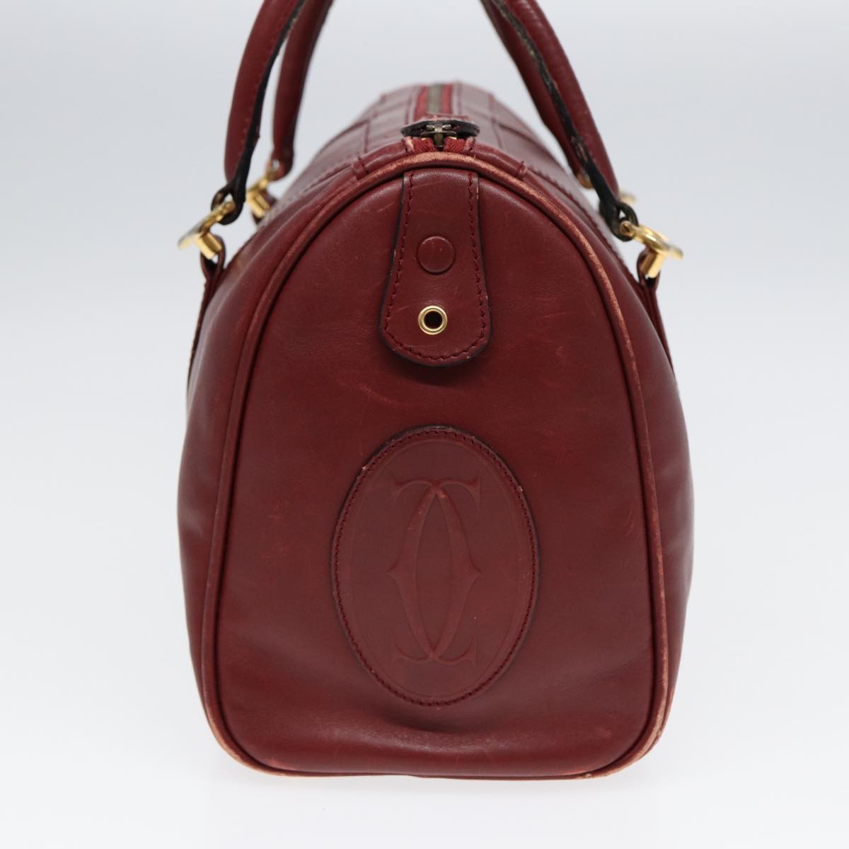 CARTIER Hand Bag Leather Red Gold Auth 85838