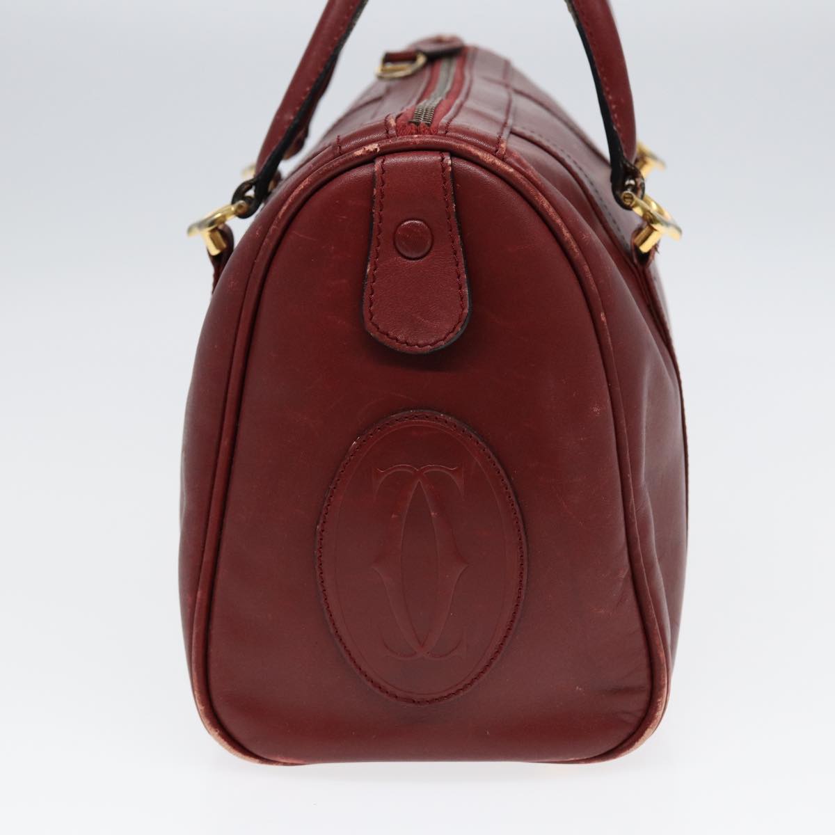 CARTIER Hand Bag Leather Red Gold Auth 85838