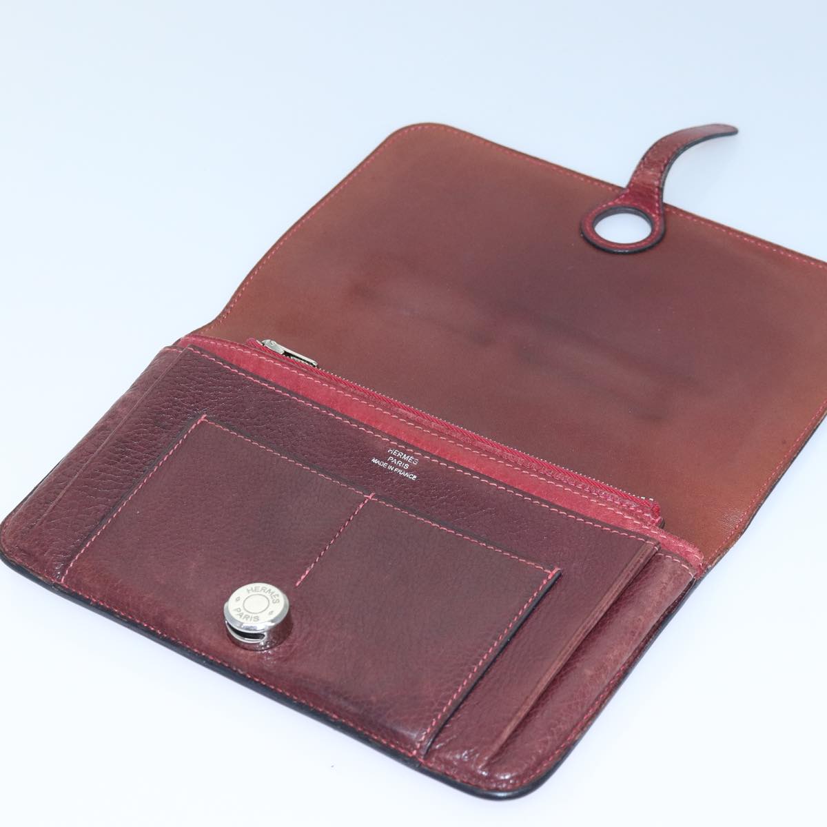 HERMES Dogon GM Wallet Leather Red Silver Auth 85847