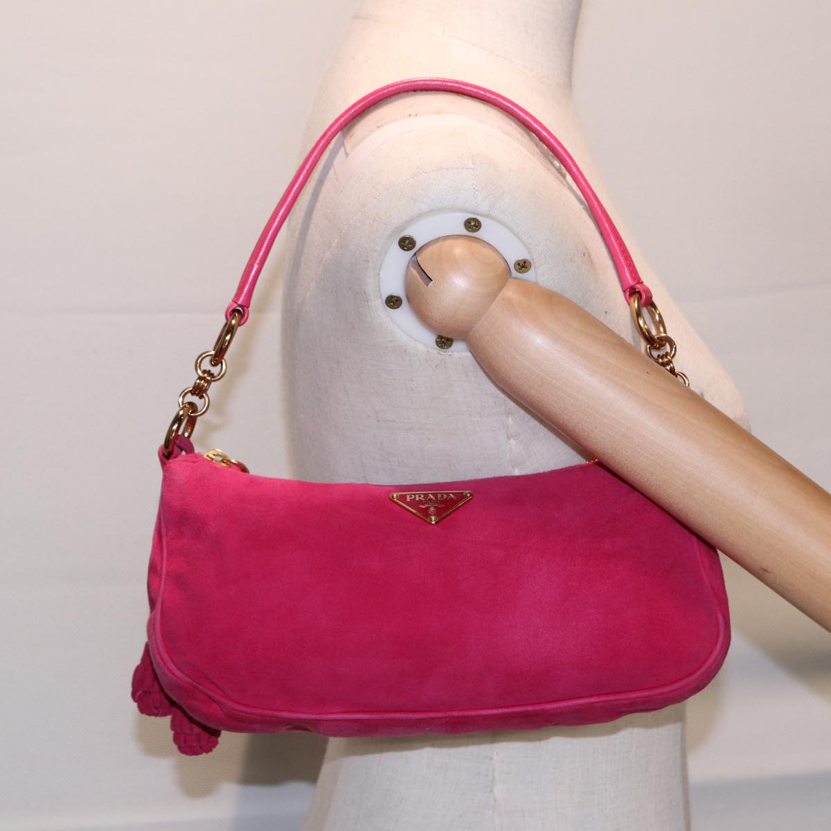 PRADA Pouch Suede Pink Gold Auth 86014