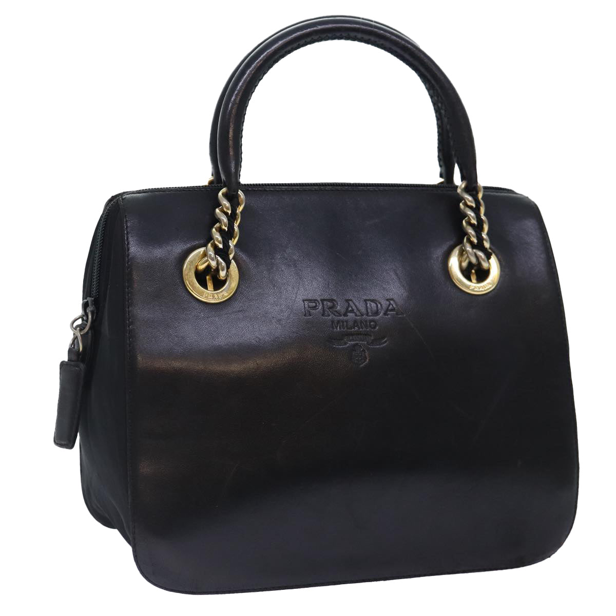 PRADA Hand Bag Leather Black Gold Auth 86015