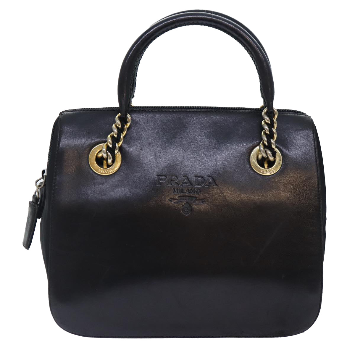 PRADA Hand Bag Leather Black Gold Auth 86015