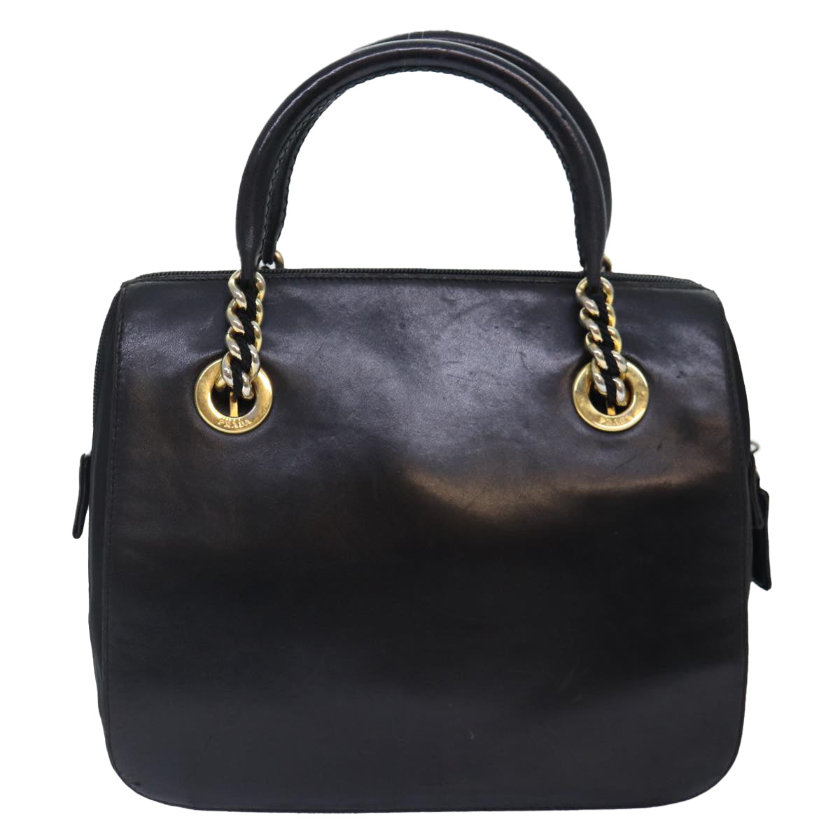 PRADA Hand Bag Leather Black Gold Auth 86015