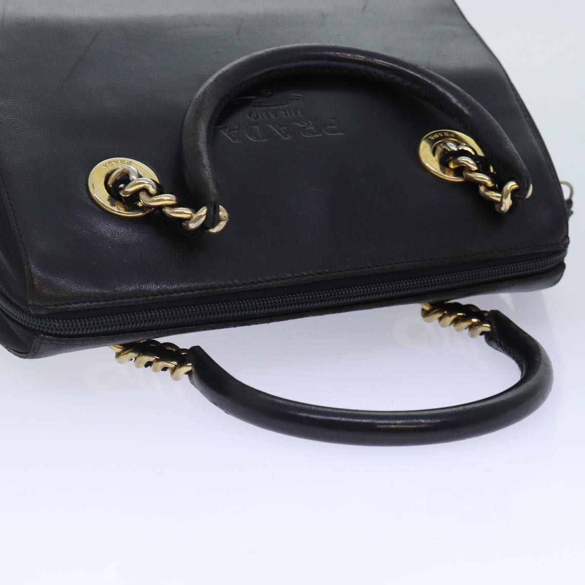 PRADA Hand Bag Leather Black Gold Auth 86015