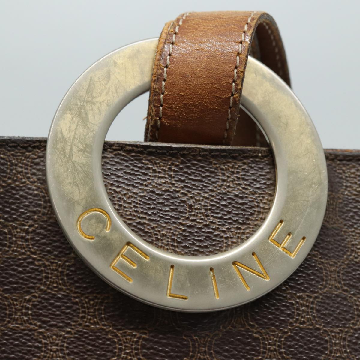 CELINE Macadam Canvas Shoulder Bag PVC Leather Brown Gold Auth 86174