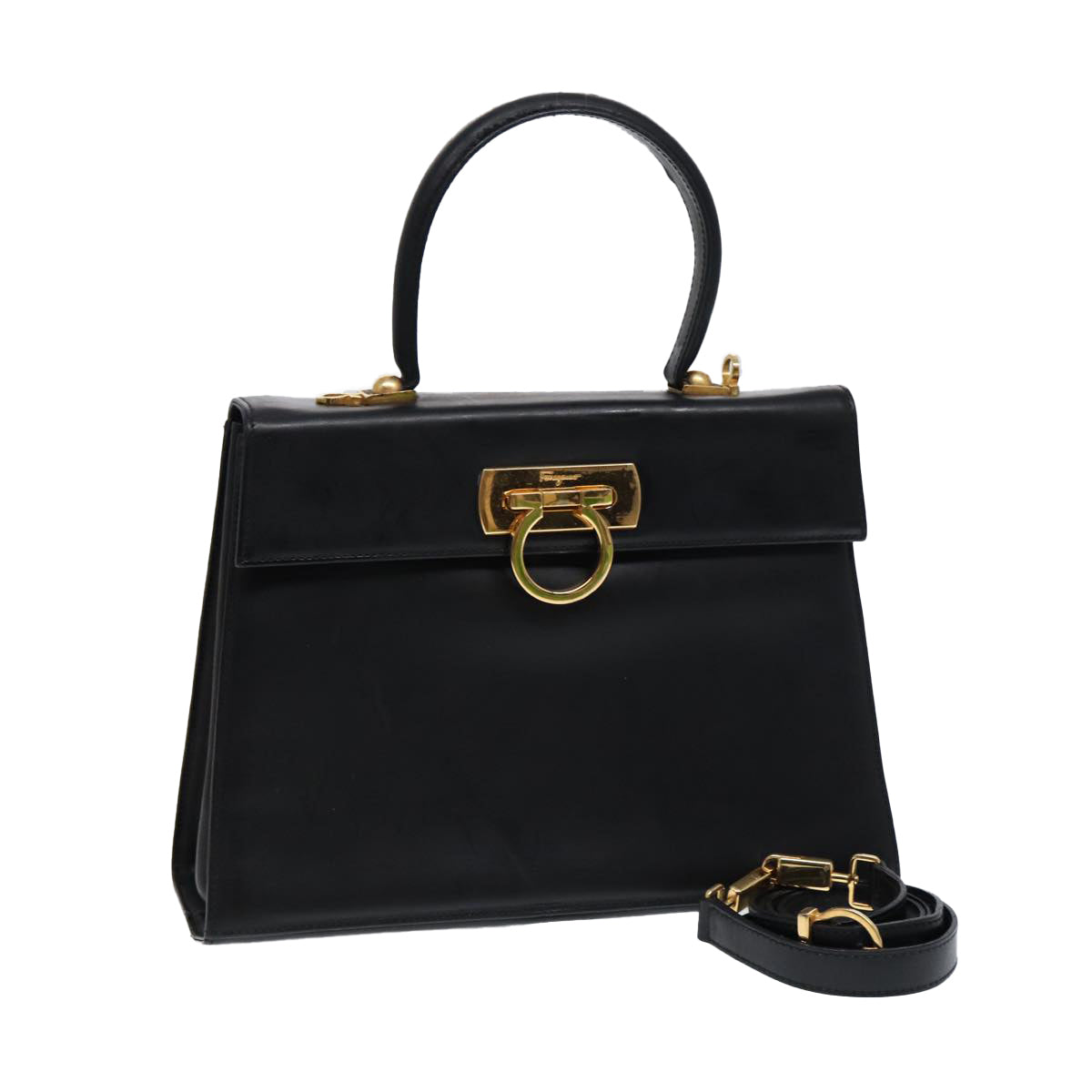 Salvatore Ferragamo Gancini Hand Bag Leather 2way Black Gold Auth 86609