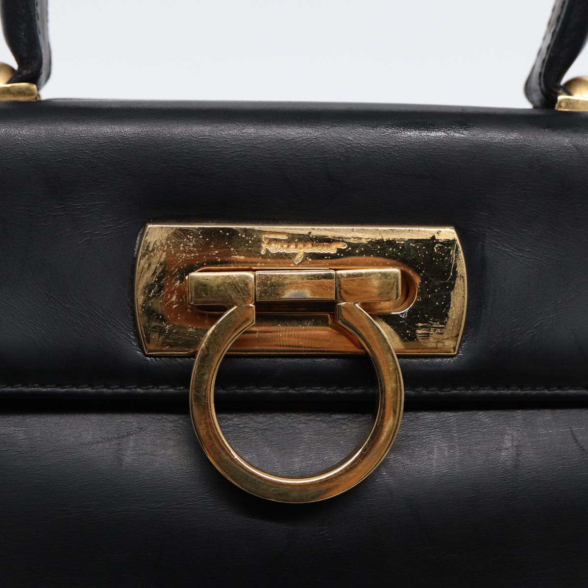 Salvatore Ferragamo Gancini Hand Bag Leather 2way Black Gold Auth 86609