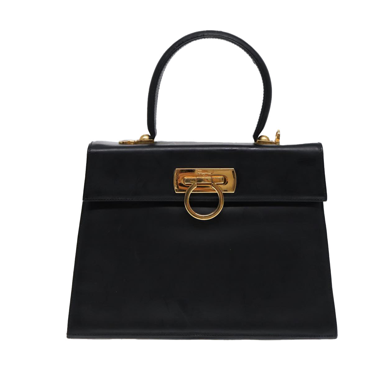 Salvatore Ferragamo Gancini Hand Bag Leather 2way Black Gold Auth 86609