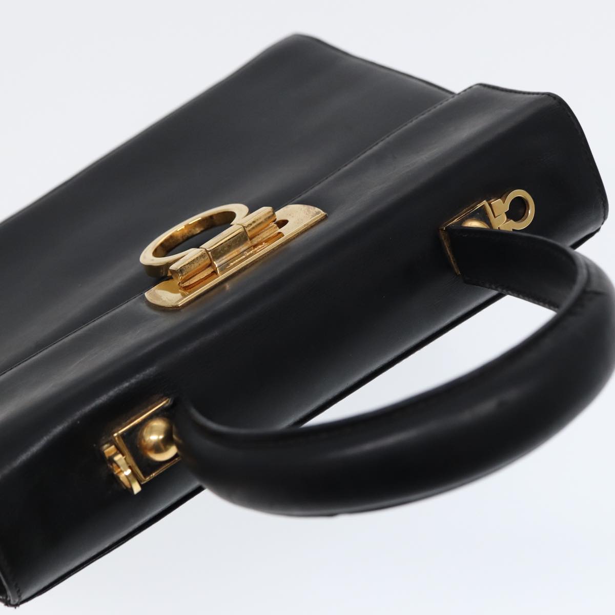 Salvatore Ferragamo Gancini Hand Bag Leather 2way Black Gold Auth 86609